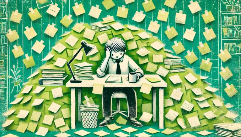 A stressed professional surrounded by sticky notes with urgent tasks and deadlines.