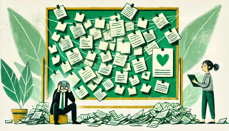 An overwhelmed professional sitting in front of a chaotic calendar filled with overlapping tasks and meetings.