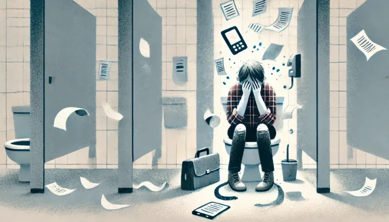A stressed professional sitting on the bathroom floor, overwhelmed by work and crying in frustration.