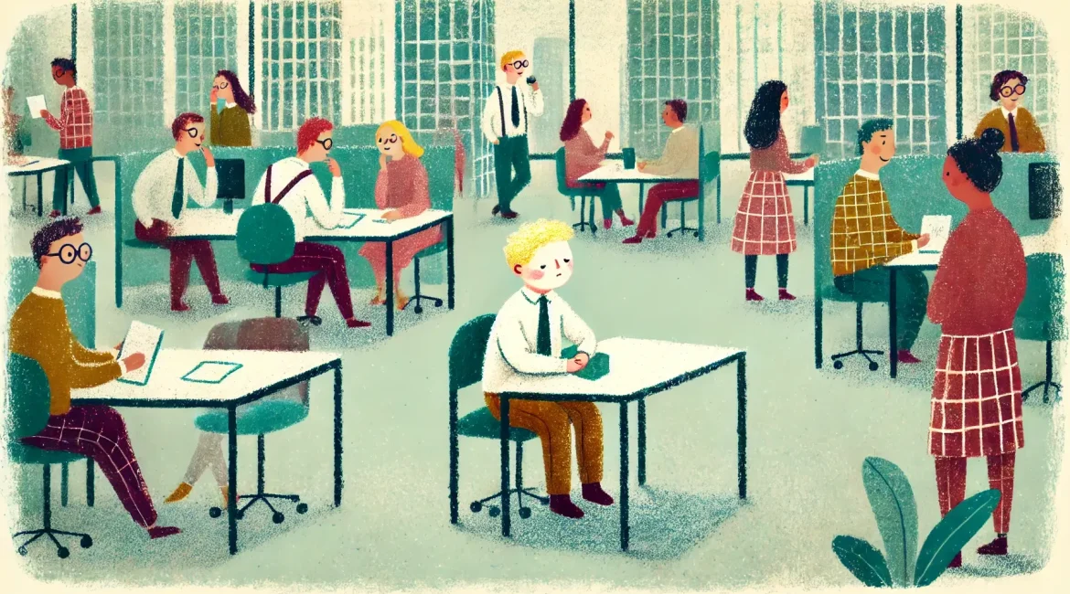 An employee sitting alone at their desk, surrounded by groups of coworkers chatting and laughing.