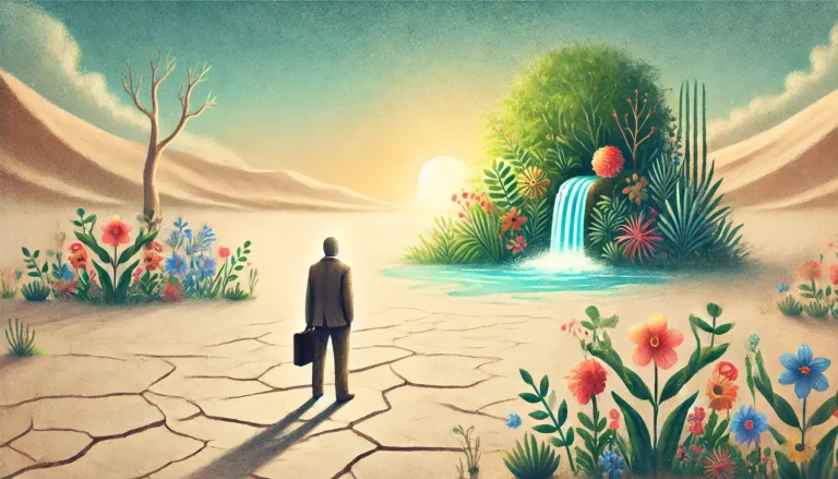 Person walking through a barren desert toward a vibrant oasis in the distance, symbolizing the journey from burnout to career rediscovery and journey on how to love your job again.