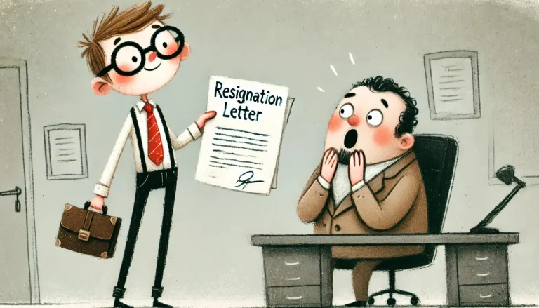 An employee confidently tossing a resignation letter onto a desk, walking away from a toxic workplace.