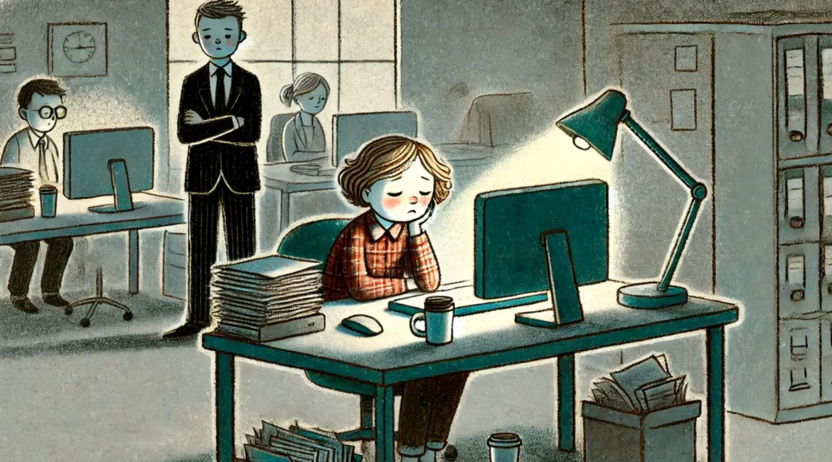 A tired employee sitting at a cluttered desk with a dark shadow above their head, symbolizing workplace depression, while a frustrated manager watches from the background.