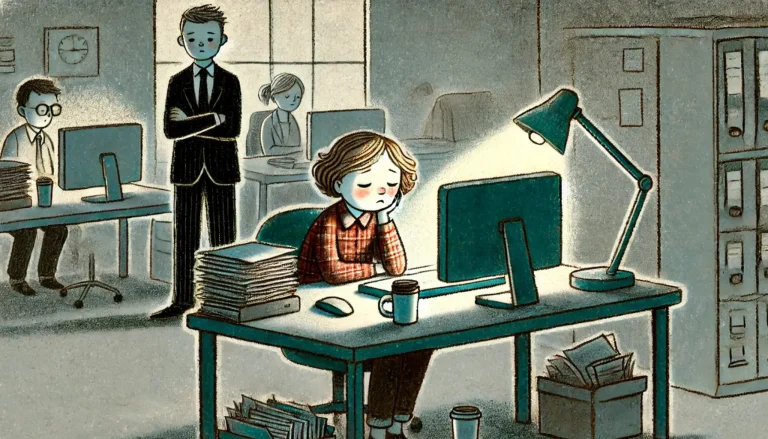 A tired employee sitting at a cluttered desk with a dark shadow above their head, symbolizing workplace depression, while a frustrated manager watches from the background.