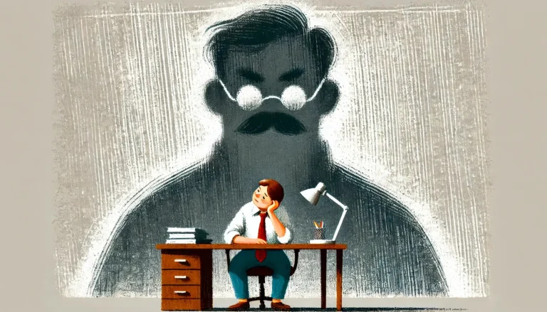 Frustrated employee with head in hands at desk, surrounded by paperwork and a looming boss in the background - surviving a psycho boss.